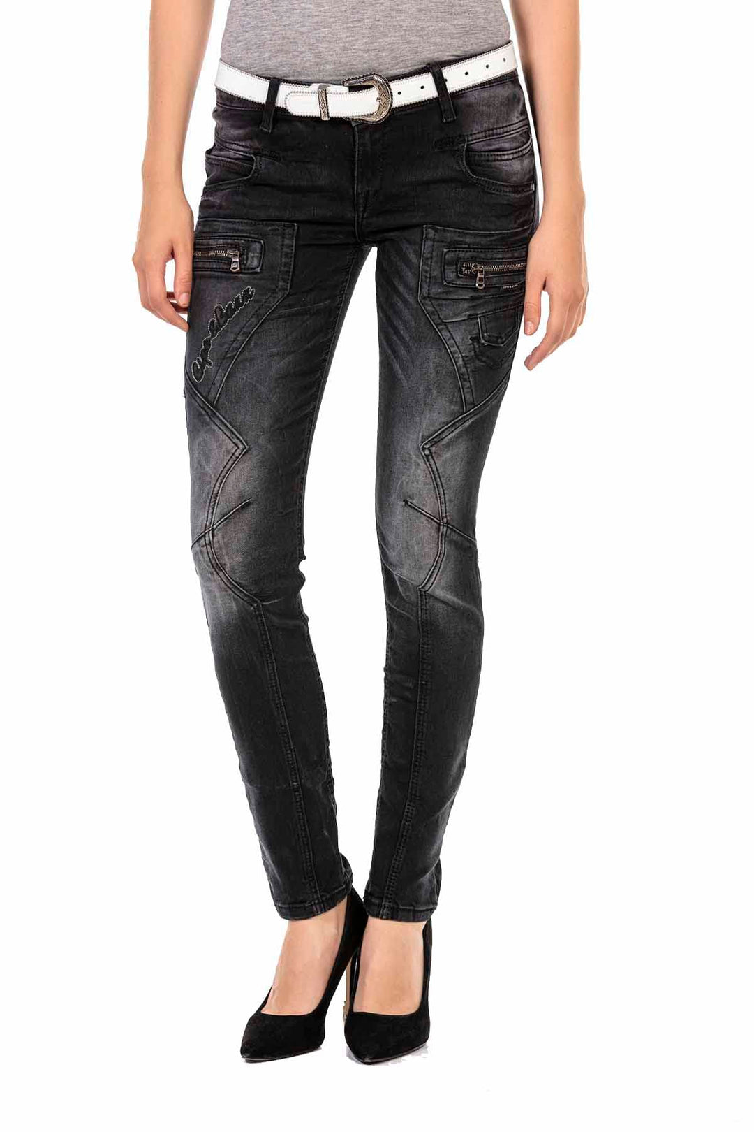 Cipo & Baxx Damen Slim Fit Jeanshose Ausgefallen Freizeit Hose Reissverschluss WD437 Schwarz W27 L34