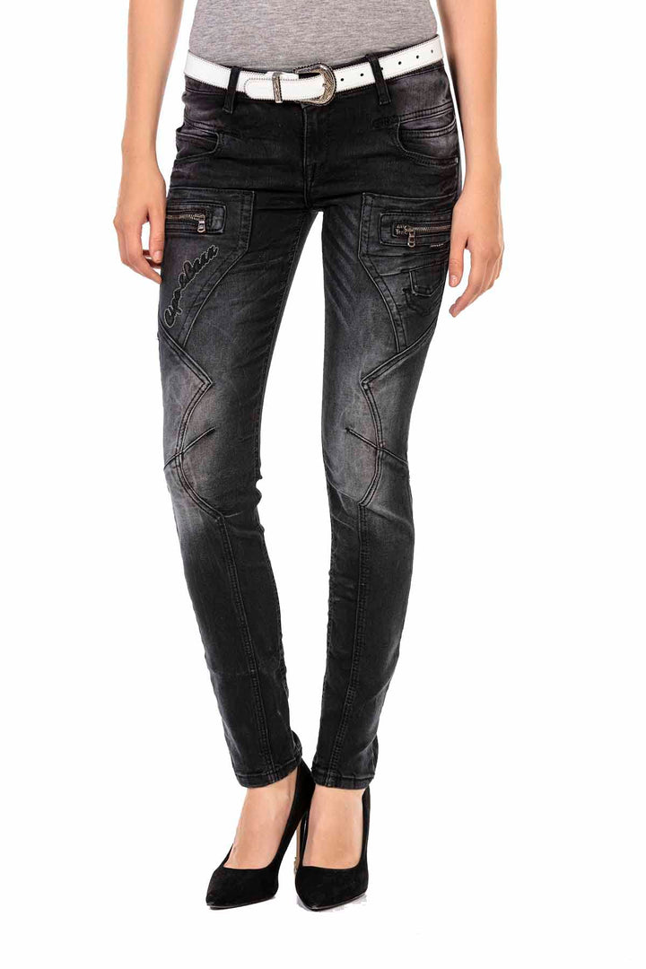 Cipo & Baxx Damen Slim Fit Jeanshose Ausgefallen Freizeit Hose Reissverschluss WD437 Schwarz W27 L34
