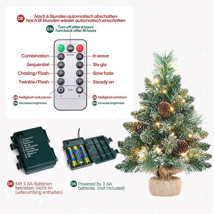 Yorbay Mini Weihnachtsbaum mit Beleuchtung LED und weissem Schnee, 40cm Tannenbaum mit Stern-Baumspi
