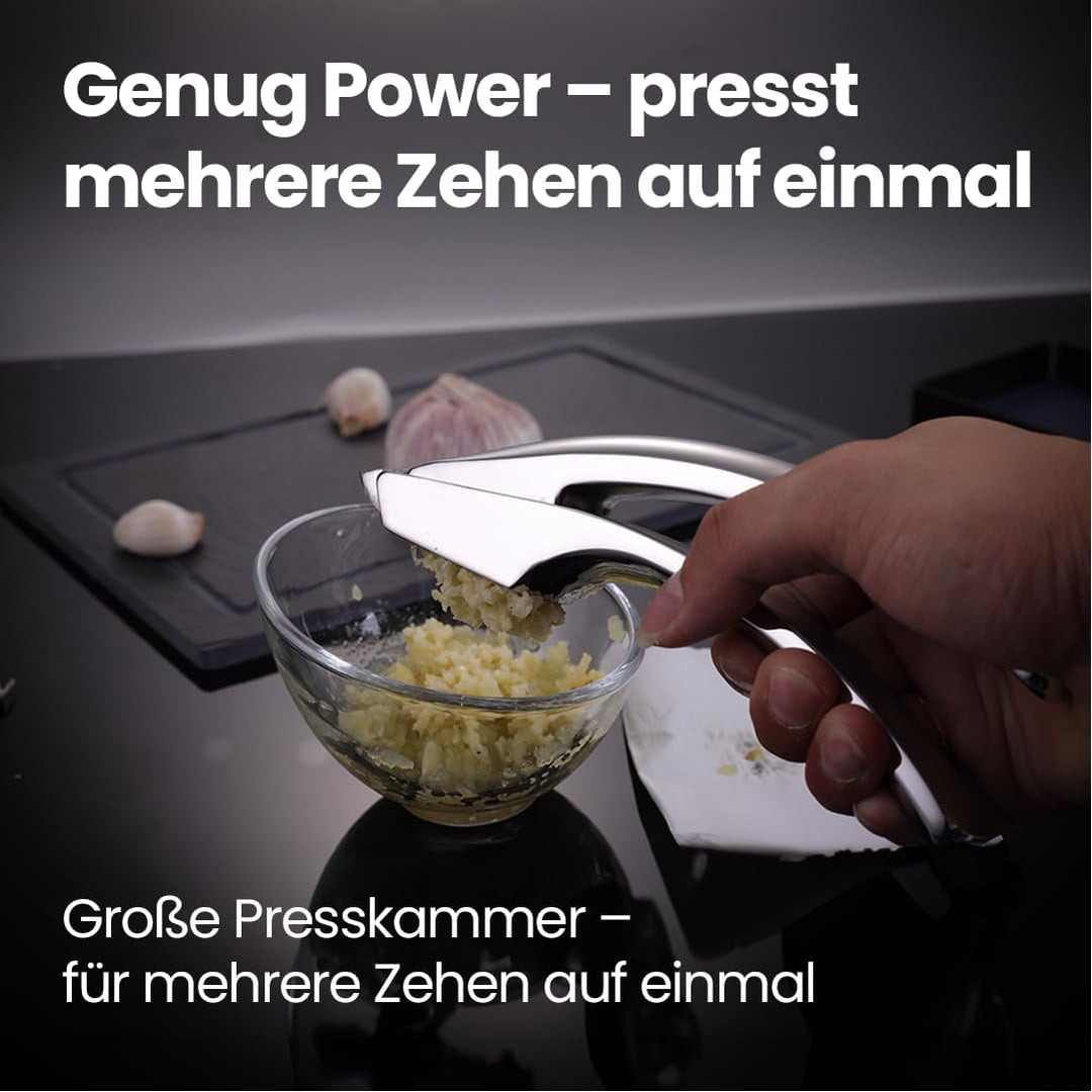 Knoblauchpresse Edelstahl für Knoblauch & Ingwer (kein Schälen notwendig) | Leicht zu reinigende Kno