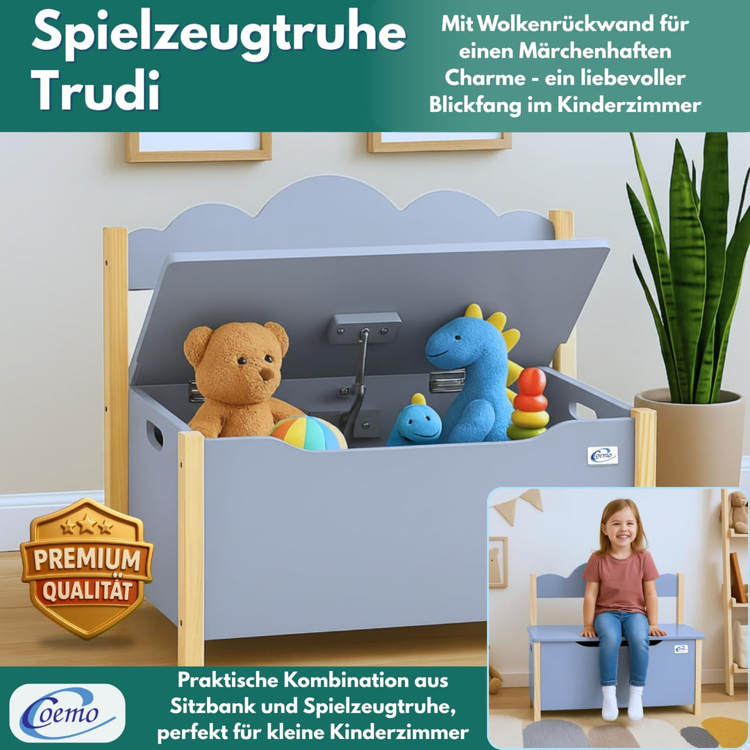 Spielzeugtruhe mit Sitzbank, Holztruhe Grau Trudi 60×26×55 cm – Kinderzimmer Bank mit Stauraum, Spie