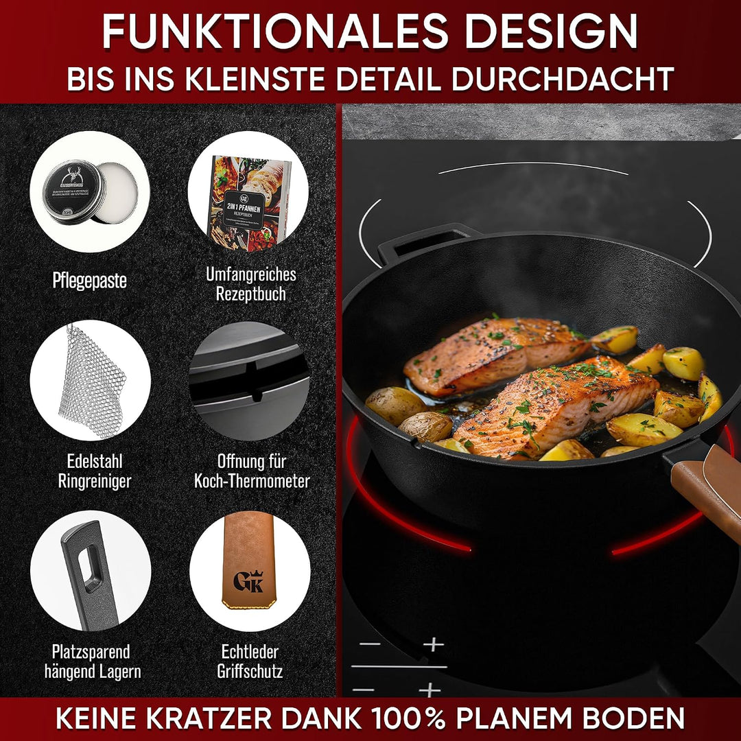 Dutch Oven - 2in1 Eingebrannter Gusseisen Topf 3L & Gusspfanne 1,5L-Cast Iron Pot mit Schmortopf Dop