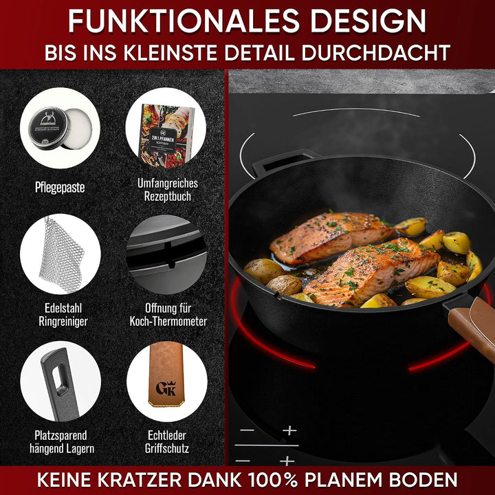 Dutch Oven - 2in1 Eingebrannter Gusseisen Topf 3L & Gusspfanne 1,5L-Cast Iron Pot mit Schmortopf Dop