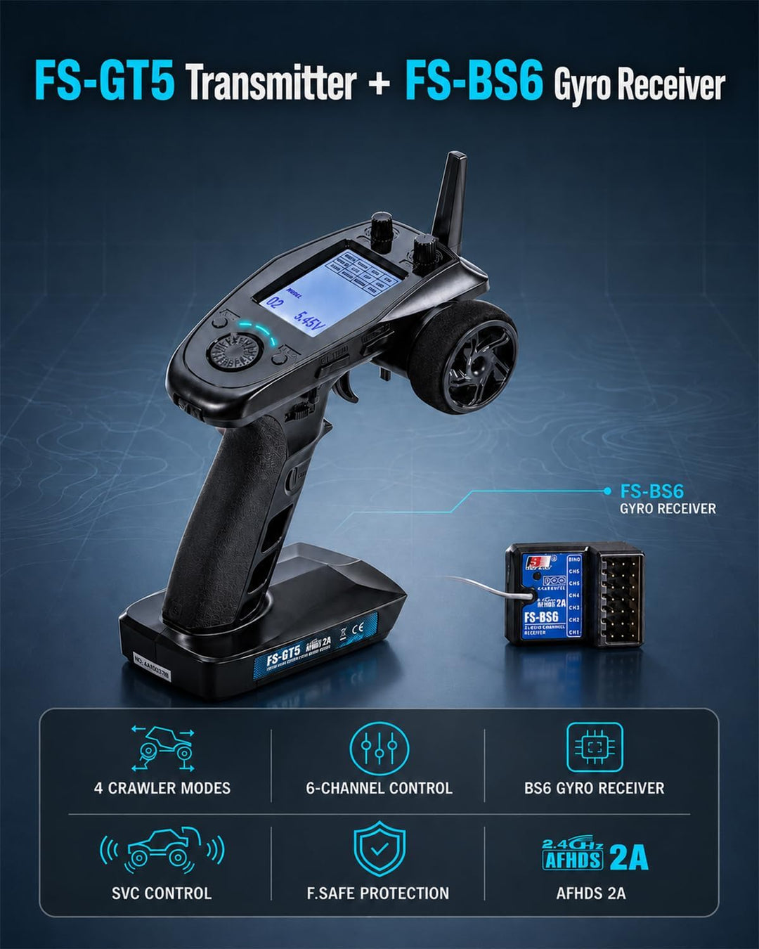 Flysky FS-GT5 6CH RC Fernsteuerung mit FS-BS6 Gyro Empfänger Set,2.4GHz AFHDS 2A Sender für RC Crawl