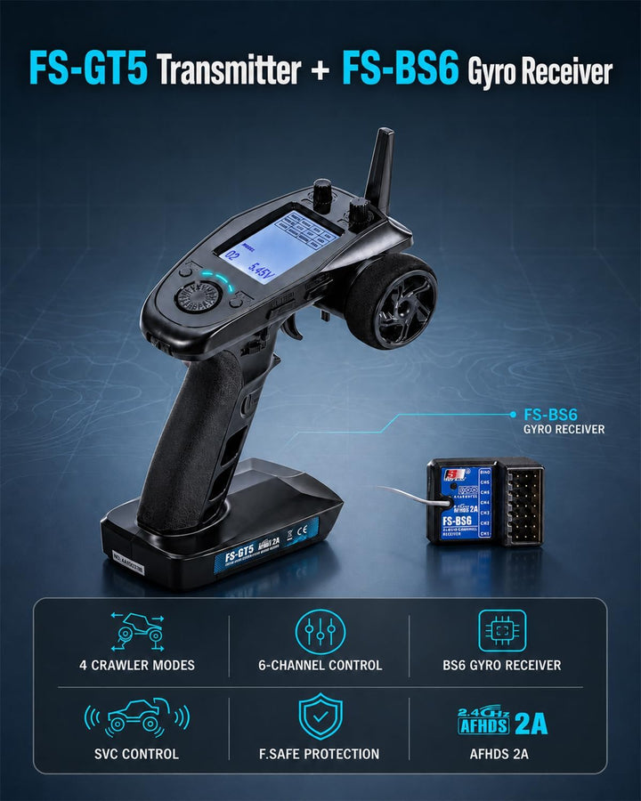 Flysky FS-GT5 6CH RC Fernsteuerung mit FS-BS6 Gyro Empfänger Set,2.4GHz AFHDS 2A Sender für RC Crawl