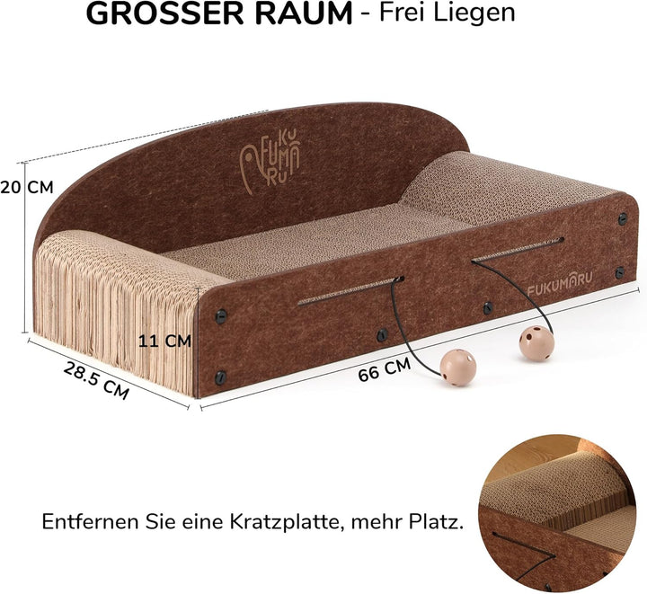 FUKUMARU Kratzbrett Katzen, 66CM langlebiges Kratzpappe und Filz, grosse Liege, 2 wendbare Katzenkra