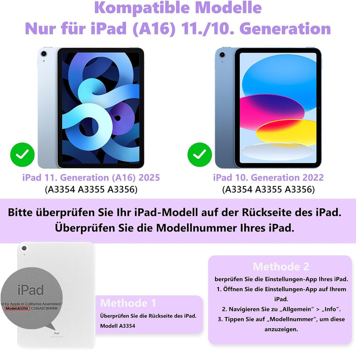 FUWANG Für iPad A16 11 (A16)/10 Gen Hülle mit Tastatur, Trackpad 360° DE Hellviolett Deutsch, DE Hel