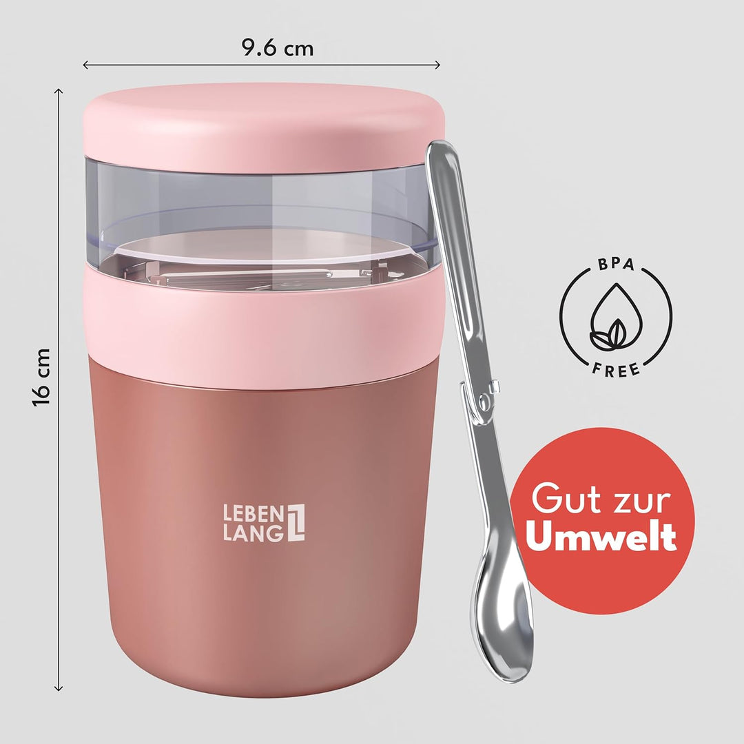 LEBENLANG Müslibecher To Go mit Löffel - Isolierende Edelstahlinnenwand & 650ml I Müslibecher Müsli
