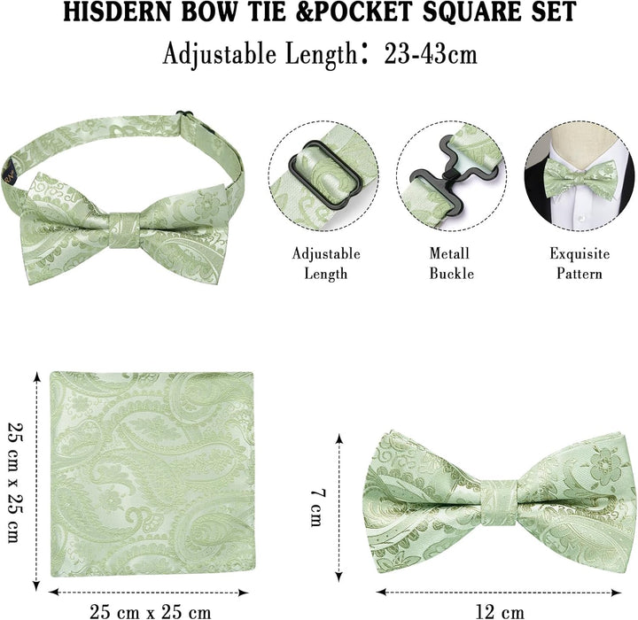 HISDERN Herren Paisley Fliege und Einstecktuch mit Manschettenknöpfe Set,Schleife mit Haken - Bereit