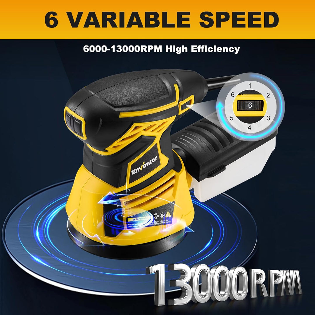 Enventor Exzenterschleifer 125mm, 350W Schleifmaschine 6000-13000 OPM, 6 Gänge, Multischleifer mit A