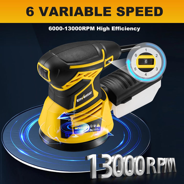 Enventor Exzenterschleifer 125mm, 350W Schleifmaschine 6000-13000 OPM, 6 Gänge, Multischleifer mit A