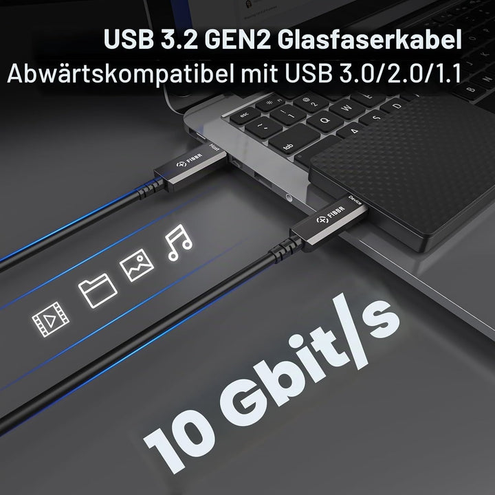 FIBBR USB-Glasfaserkabel 5M, USB A zu USB C Glasfaserkabel, 10Gbps Ferndatenübertragung USB 3.2 AOC