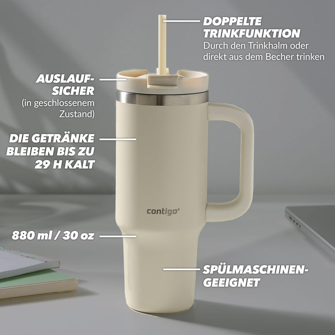 Contigo Tumbler | Thermosflasche mit Henkel und Strohhalm | 880 ml