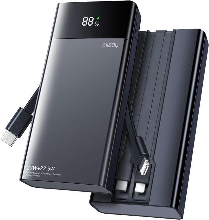 Miady Powerbank 20000mAh, 27W Schnellladen mit Integrietem USB-C Kabel, Externe Handyakkus kompatibe