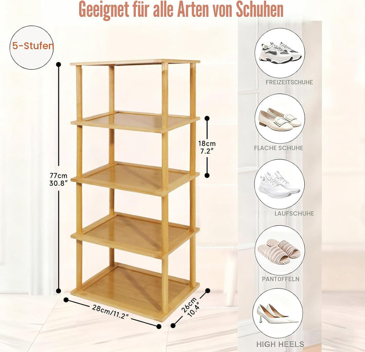 Aniston Bambus-Schuhregal, 5 Etagen, vertikales Schuhregal für kleine Räume, freistehend, hoch, schm