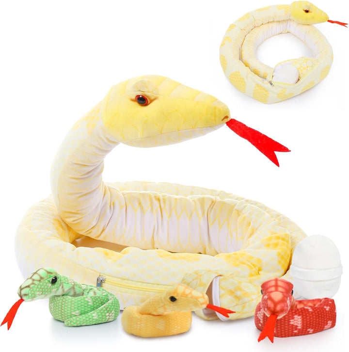 MorisMos Gross riesen Plüsch-Schlange Kuscheltier XXL,200cm lang Gelb Kuschelschlange mit 3 Baby im