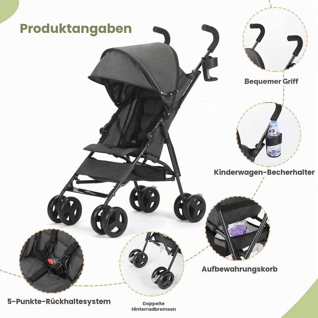 Einhändig klappbarer, leichter Kinderwagen, grosser Aufbewahrungskorb, Verdeck, Getränkehalter, komp