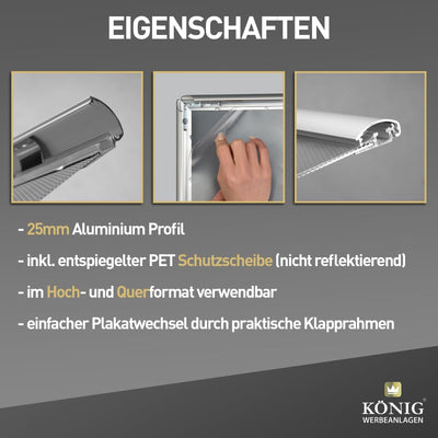 5 Plakatrahmen DIN A3 | 25mm Aluminium Profil, Silber | inkl. entspiegelter Schutzscheibe | Alu Klap