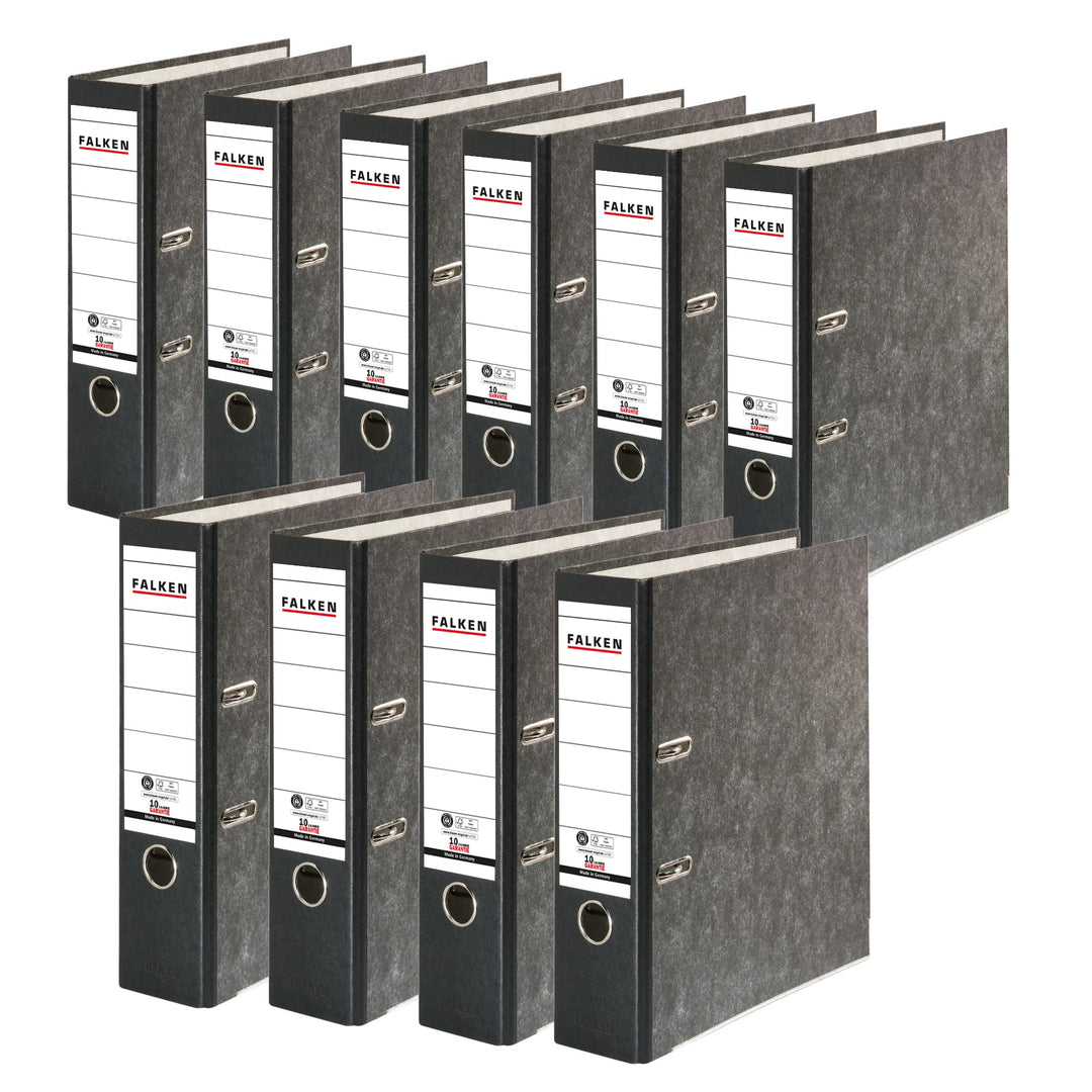 Original Falken 10er Pack Recycling-Ordner Wolkenmarmor. Made in Germany. 8 cm breit DIN A4 schwarze