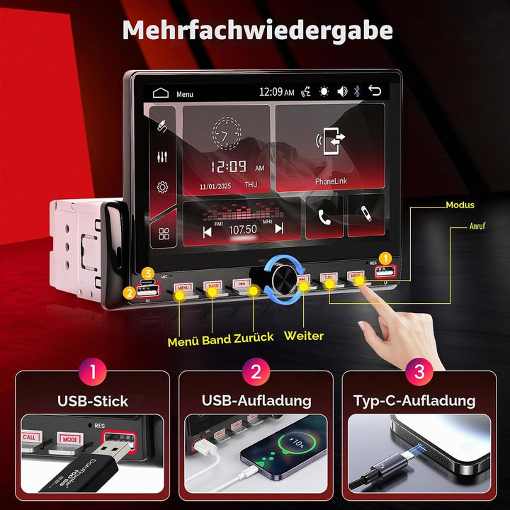 Hodozzy Autoradio 1 Din mit Bluetooth Bildschirm, 7 Zoll Touchscreen 1 Din MP5 Player mit Airplay, F