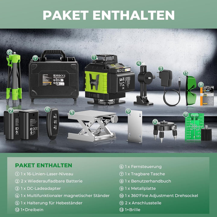 Kreuzlinienlaser Grün 16 Linien Nivellierlaser mit Stativ, 4 x 360 ° Laser wasserwaage, linienlaser