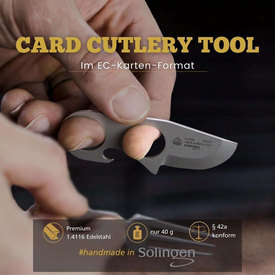 PUMA Card Cutlery Tool – Kompaktes Edelstahl-Multitool mit Messer, Gabel, Löffel, Dosenöffner, Flasc