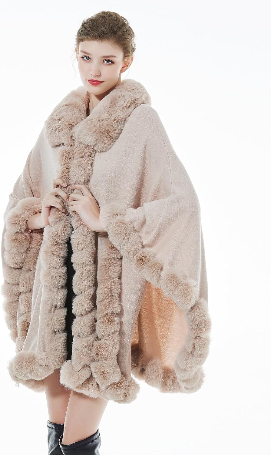 BEAUTELICATE Kunstpelz Poncho Cape Strick Damen Winter Kunstfell Stola Schal Cape Cardigan Warm mit