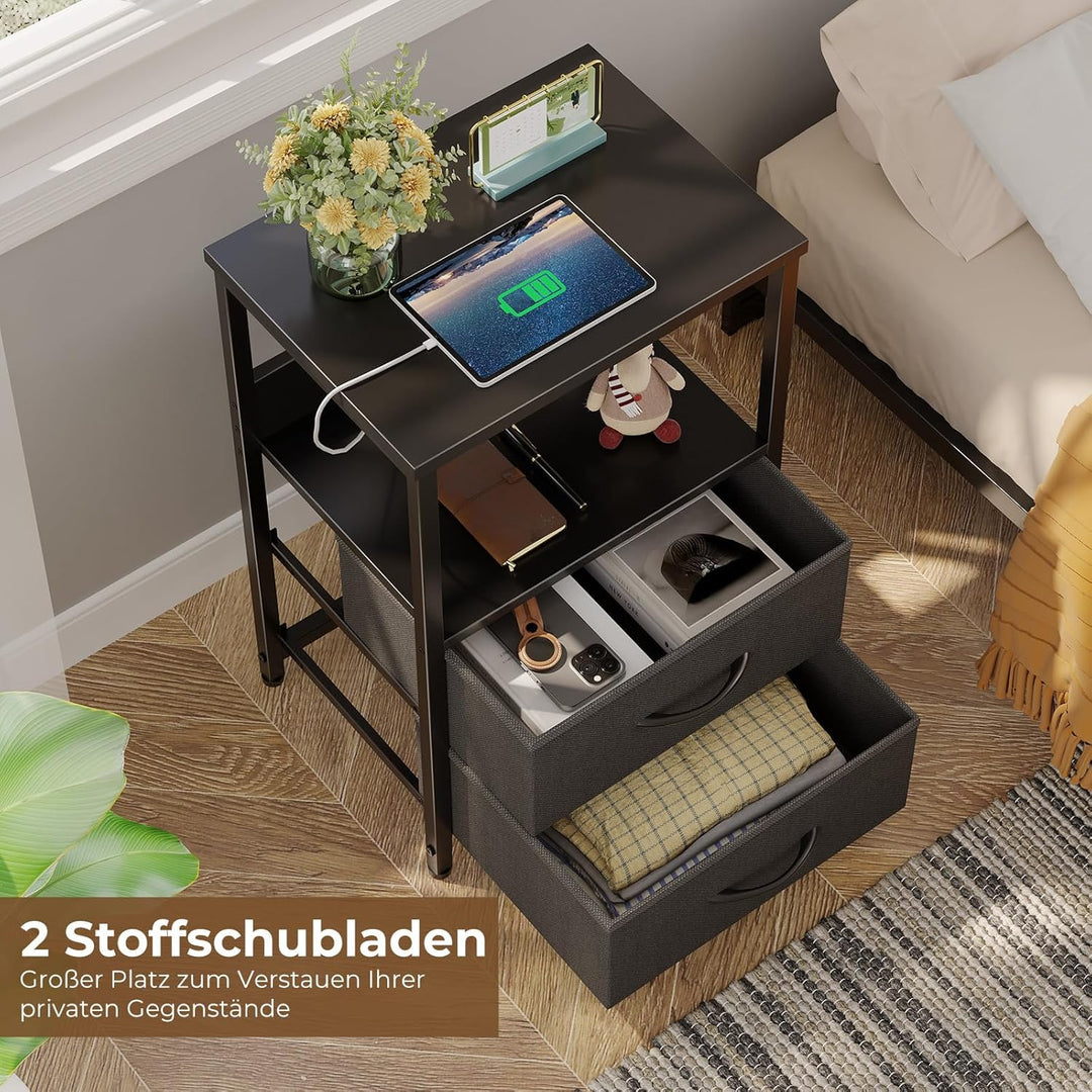 Rolanstar Nachttisch mit Ladefunktion, Beistelltisch mit LED-Leuchten, 2 Stoffschubladen & 3-stufige