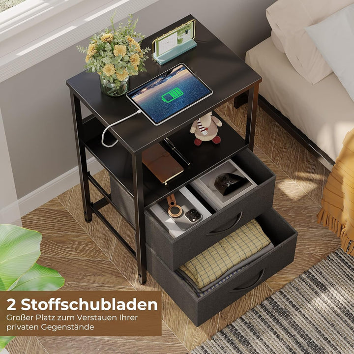Rolanstar Nachttisch mit Ladefunktion, Beistelltisch mit LED-Leuchten, 2 Stoffschubladen & 3-stufige