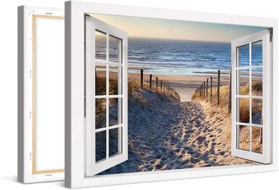 PICANOVA – Bild auf Leinwand Weg zum Meer Fenster 60x40cm – Leinwandbild – Premium Leinwanddruck – W