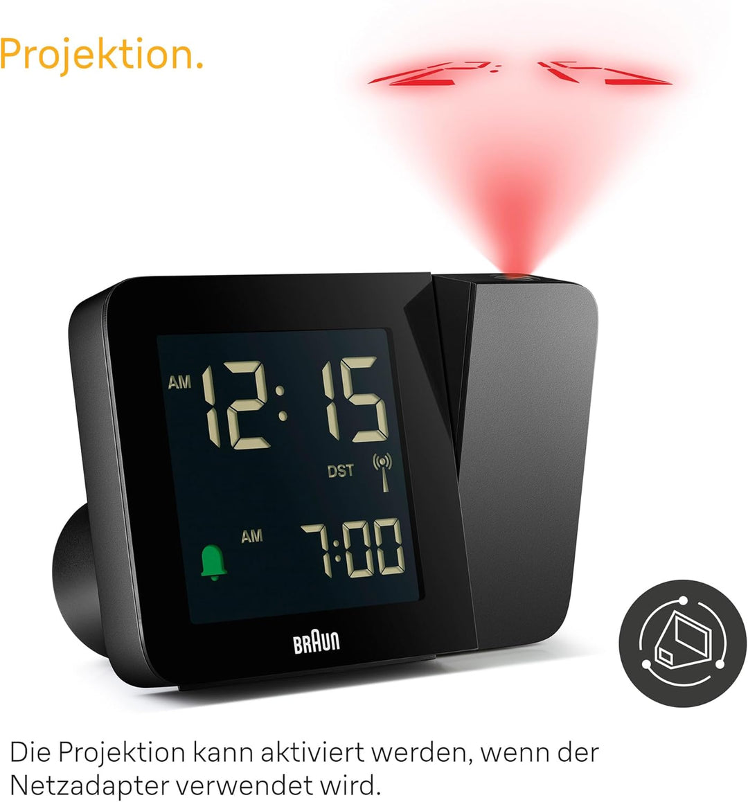 Braun Digitaler Funk-Projektionswecker für die mitteleuropäische Zeitzone (DCF) mit negativem LCD-Di