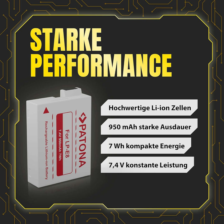 PATONA 2X Akku Ersatz für Canon LP-E8 LP-E8 Battery Pack 950mAh 7.4V 7Wh | Ersatzakku für EOS 550D 6