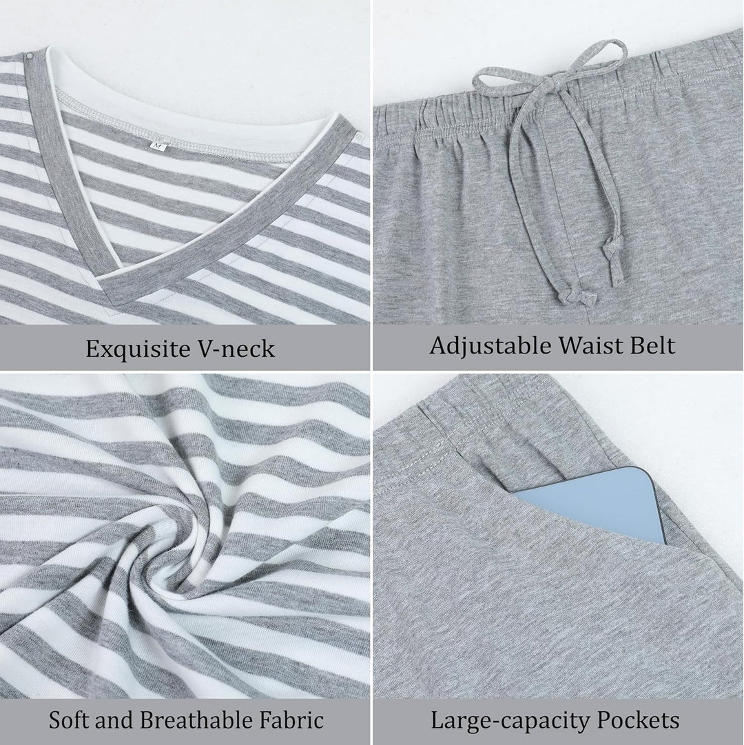 Schlafanzug Herren Kurz aus Baumwolle mit Kontraststreifen Design, Sommer Pyjama Set Oberteile und K