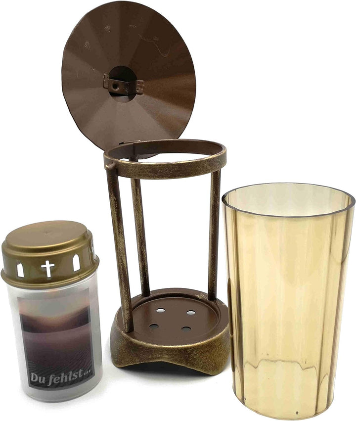 Grablaterne, Grableuchte aus Metall rund inkl. LED-Kerze 21 cm (Laterne: Bronze - Glas: Bronze), Lat