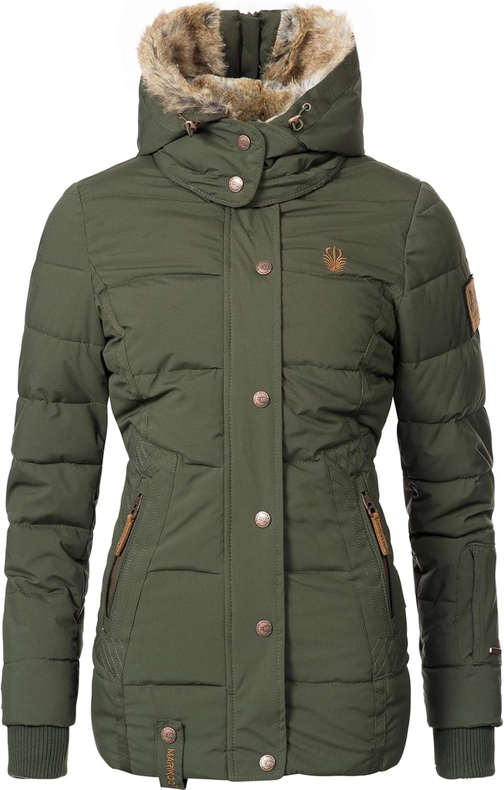 MARIKOO Damen Winterjacke warme Steppjacke mit Kunstfell Innenfutter Nekoo XS-3XL M Grün, M Grün