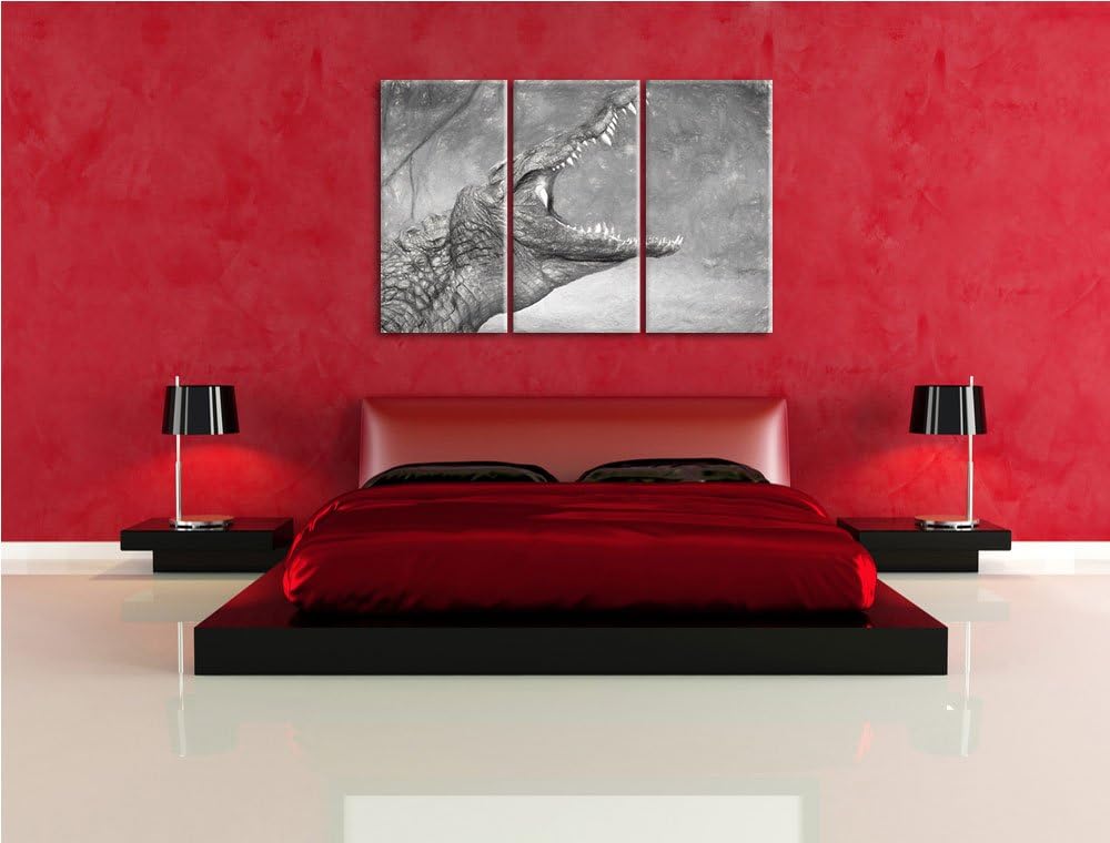 gewaltiges stolzes Krokodil schwarz/weiss Deluxe 3-Teiler Leinwandbild 120x80 Bild auf Leinwand, XXL