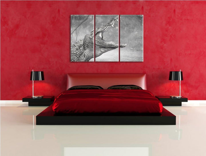 gewaltiges stolzes Krokodil schwarz/weiss Deluxe 3-Teiler Leinwandbild 120x80 Bild auf Leinwand, XXL
