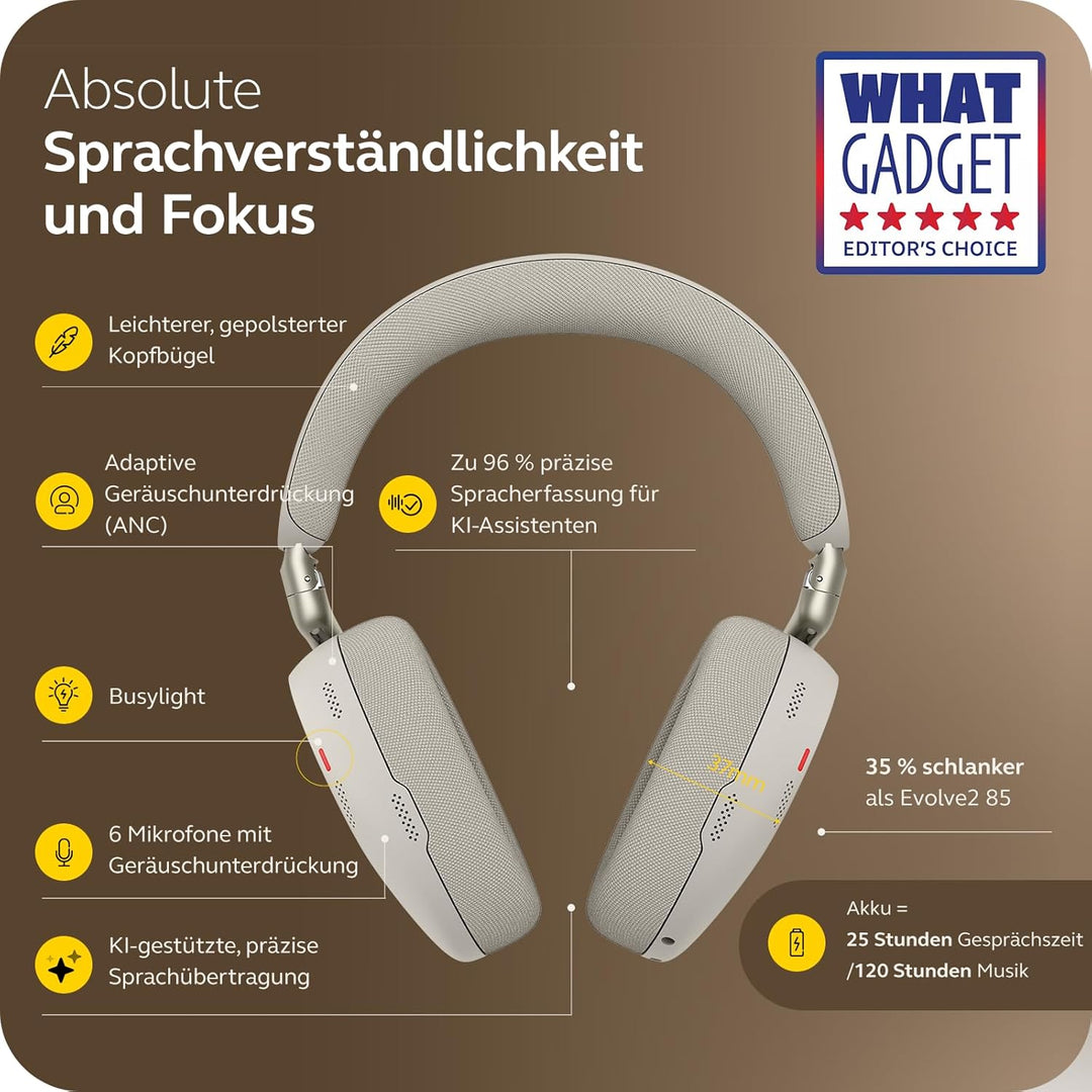 Jabra Evolve3 85 Over-Ear Bluetooth Headset kabellos mit Mikrofon für Büro, USB-C, KI-Sprachanruf, A