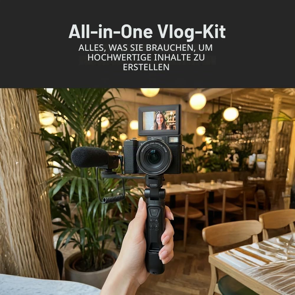 AGFA Photo Vlogging Kit VLG-4K Schwarz mit 8X optischem Zoom, Powerbank-Stativ, Fernbedienung, Mikro