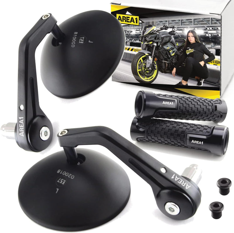 Area1 Styling Set - Motorrad Lenkerenden Spiegel Set e-geprüft + Gewindeabdeckung + Lenkergriffe. Ko
