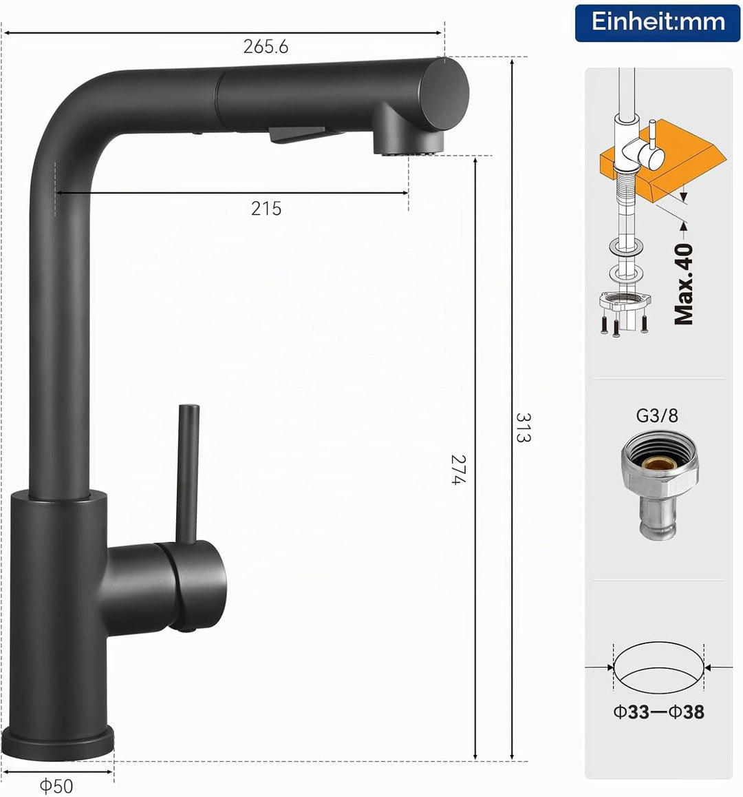 CECIPA Wasserhahn Küche Schwarz, Küchenarmatur mit Brause Ausziehbar, Hochdruck ArmaturKüche, Mischb
