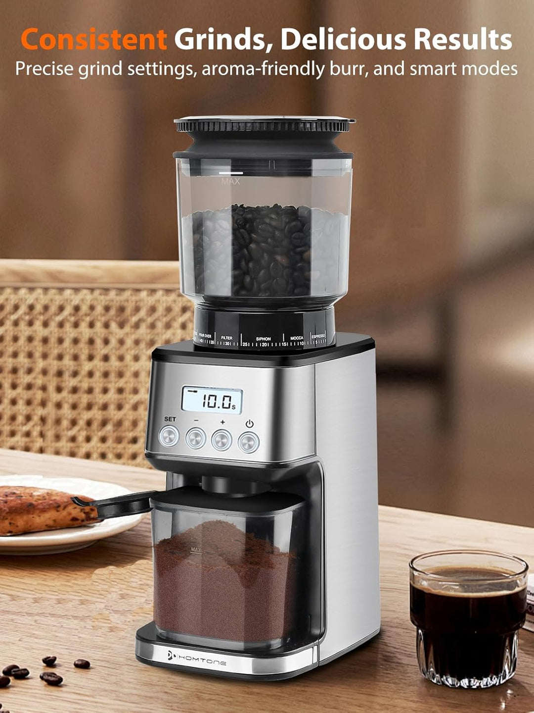 Homtone Kaffeemühle Elektrisch für Siebträger und Behälter, 51 Mahlstufen Kaffeemühle Siebträger Ele
