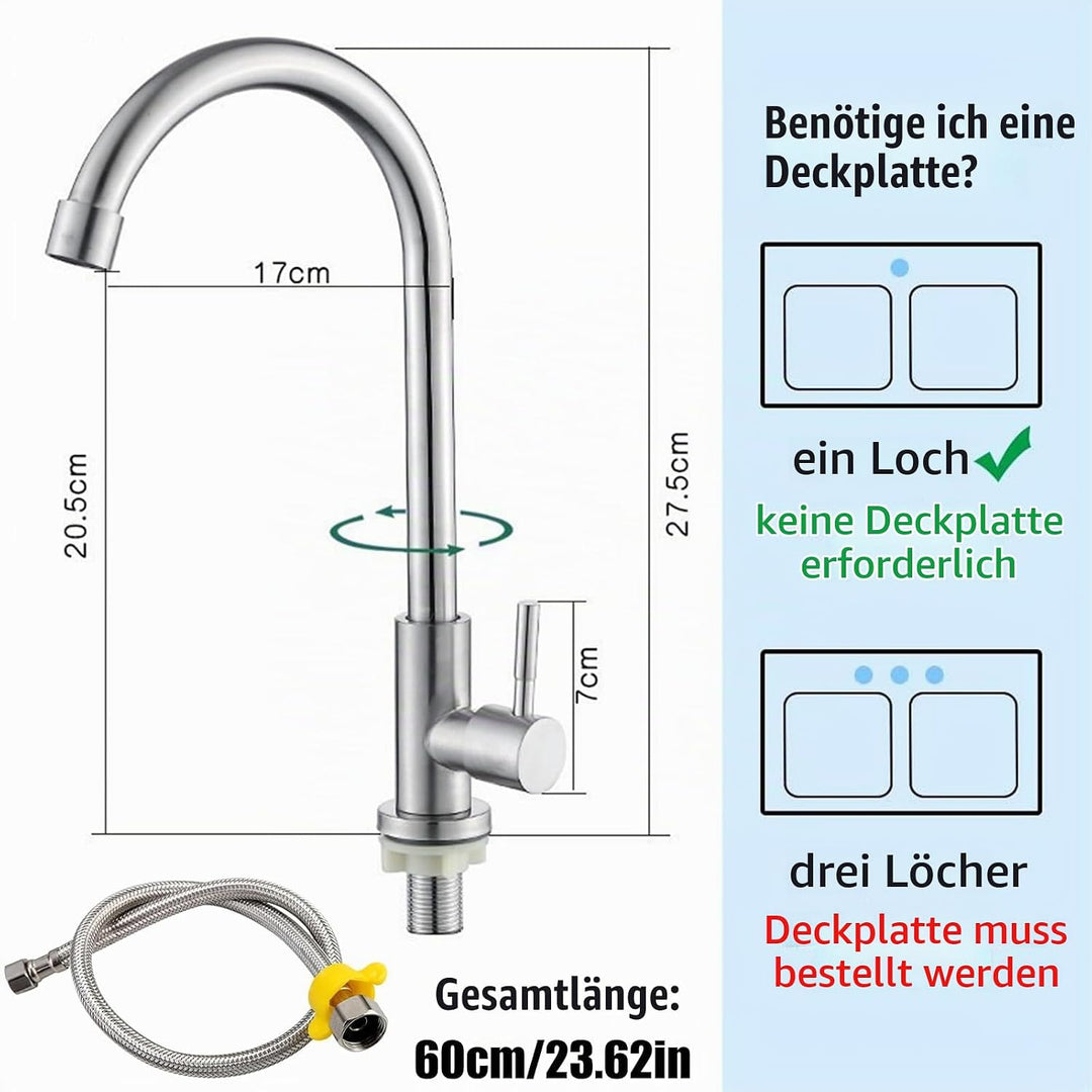 Wasserhahn Kaltwasser 360°Schwenkbar Wasserhahn aus Rostfreiem Stahl Abnehmbar Verdickter Messing Ba