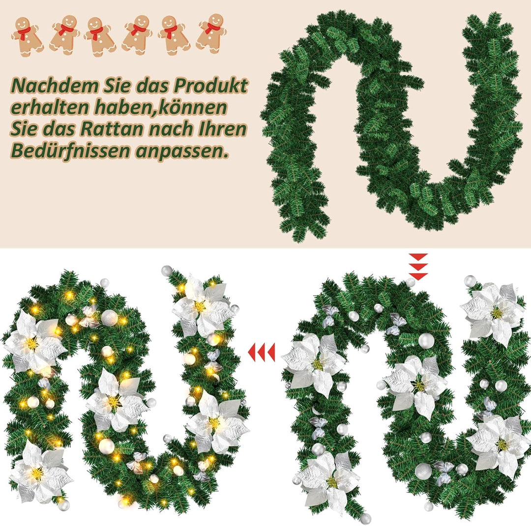 Weihnachtsgirlande mit Beleuchtung, Tannengirlande 270cm Weihnachtstürdekor Künstlich, mit Blumen un
