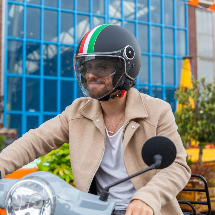 VINZ Neiva Jethelm mit Doppelvisier | Roller Helm mit Italienische Flagge &amp; mit Sonnenblende | In Gr