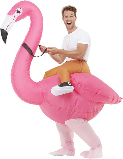 Inflatable Ride Em Flamingo Costume, Pink, with Oversized Bodysuit & Self Inflating Fan