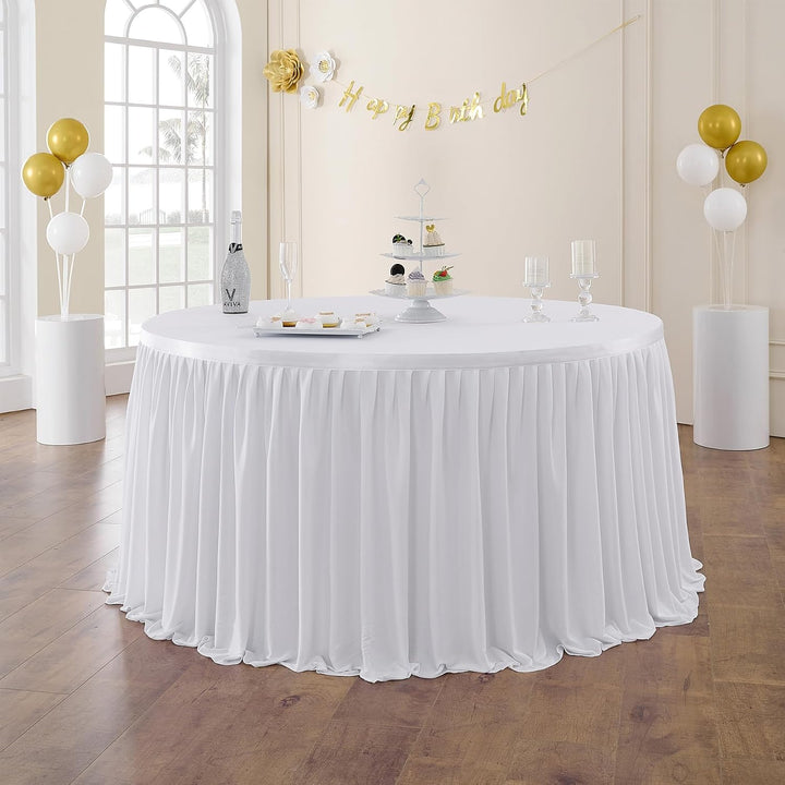 NSSONBEN 244cm White Polyester Table Skirts for Rectangle Tables, Wrinkle Free Ruffle Pleats Cloth T