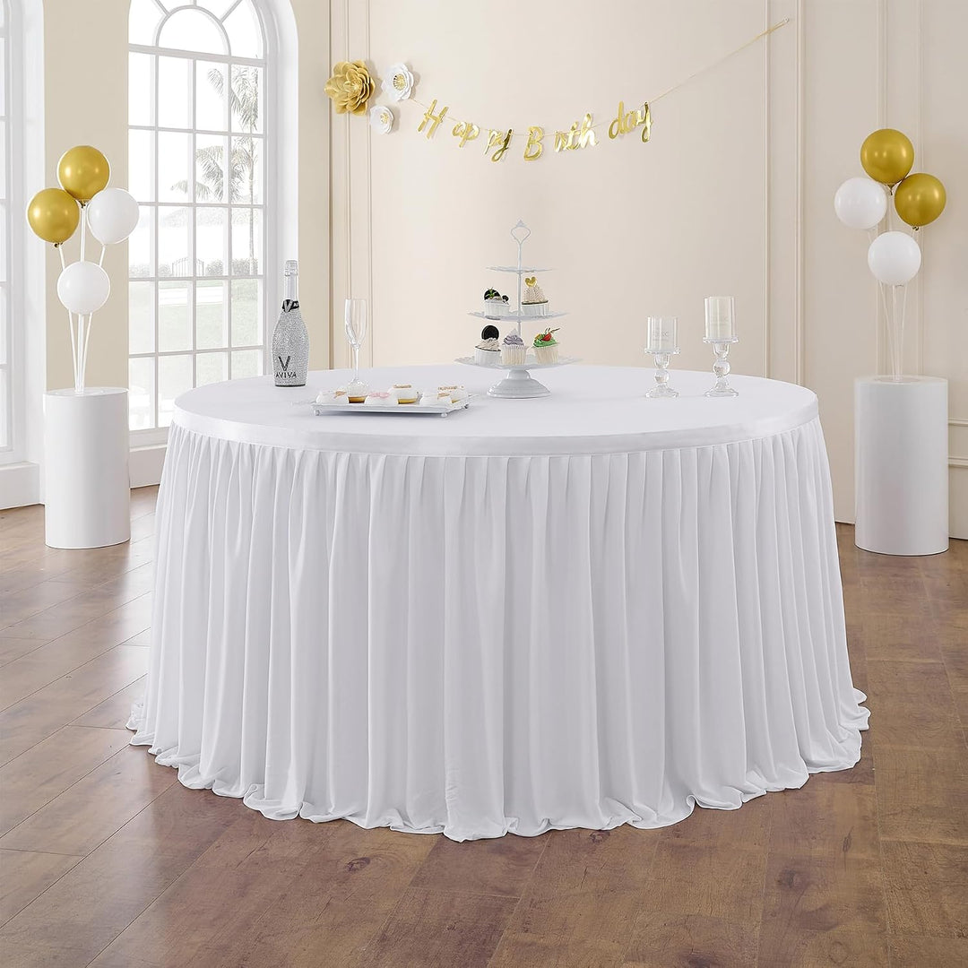 NSSONBEN 275cm White Polyester Table Skirts for Rectangle Tables, Wrinkle Free Ruffle Pleats Cloth T