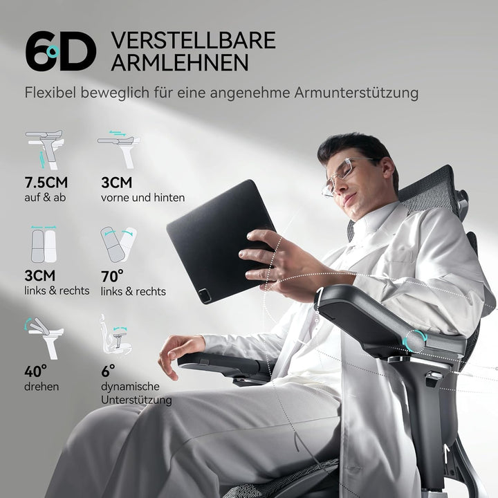 Hbada E3 Pro Ergonomischer Bürostuhl mit 3-Zonen dynamischer Lendenwirbelstütze, Schreibtischstuhl m
