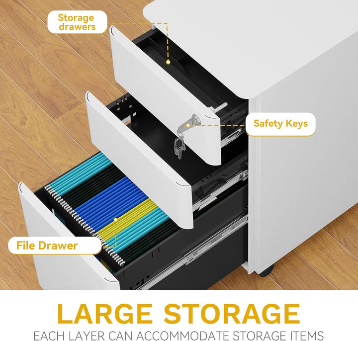 DWVO 3 verschliessbare Schubladen Metall Aktenschrank, Mobile Aktenschrank für Home Office, Unter Sc